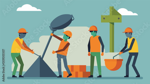 Working against the clock the team hustles to finish pouring the concrete before it hardens all while ensuring quality and consistency.. Vector illustration