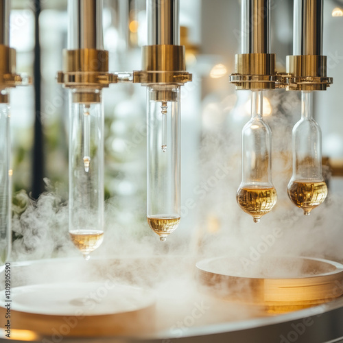 Herbal distillation equipment emitting vapor essence in laboratory setting