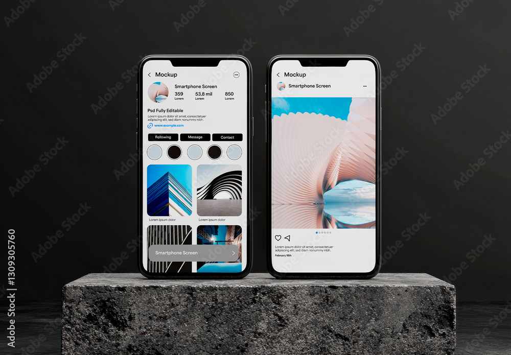 Dual Smartphone Mockup on Dark Stone Pedestal with UI Display with ...