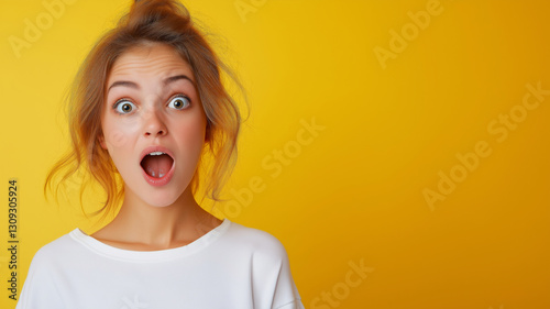 Shocked young woman opening mouth on yellow background