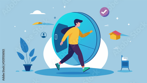 Stepping into the energy pod you leave behind the stresses of everyday life and enter a world of virtual fitness and wellness.. Vector illustration