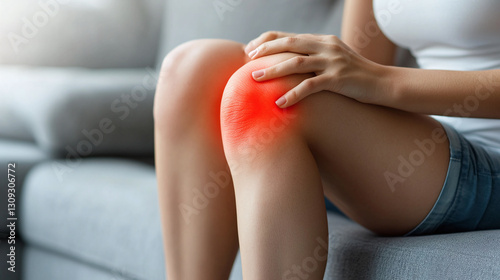 Wallpaper Mural Woman seated on sofa holding knee with red pain signal indicating discomfort in living room setting during daylight hours Torontodigital.ca