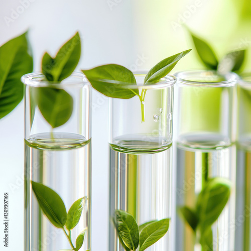 Test tubes with clear botanical liquids and fresh green leaves symbolize scientific research laboratory setting. vibrant green leaves contrast with transparent liquid, highlighting nature and
