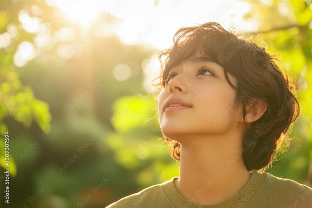 Joyful woman gazing upward in serene nature with sunlight glow Joyful woman gazing upward in serene nature with sunlight glow