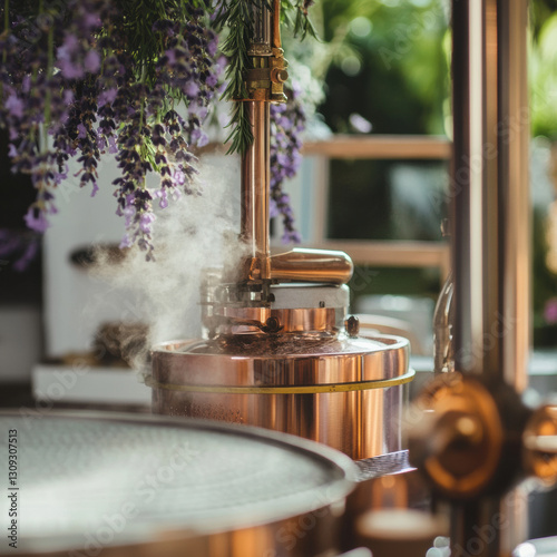 Copper distillation apparatus extracting essential oils with steam and lavender