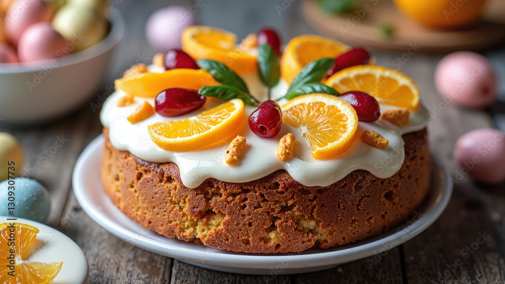 Homemade Easter Fruit Cake with White Icing and Candied Fruits | Perfect for Bakery Marketing, Holiday Recipes, and Festive Celebrations Homemade Easter Fruit Cake with White Icing and Candied Fruits | Perfect for Bakery Marketing, Holiday Recipes, and Festive Celebrations