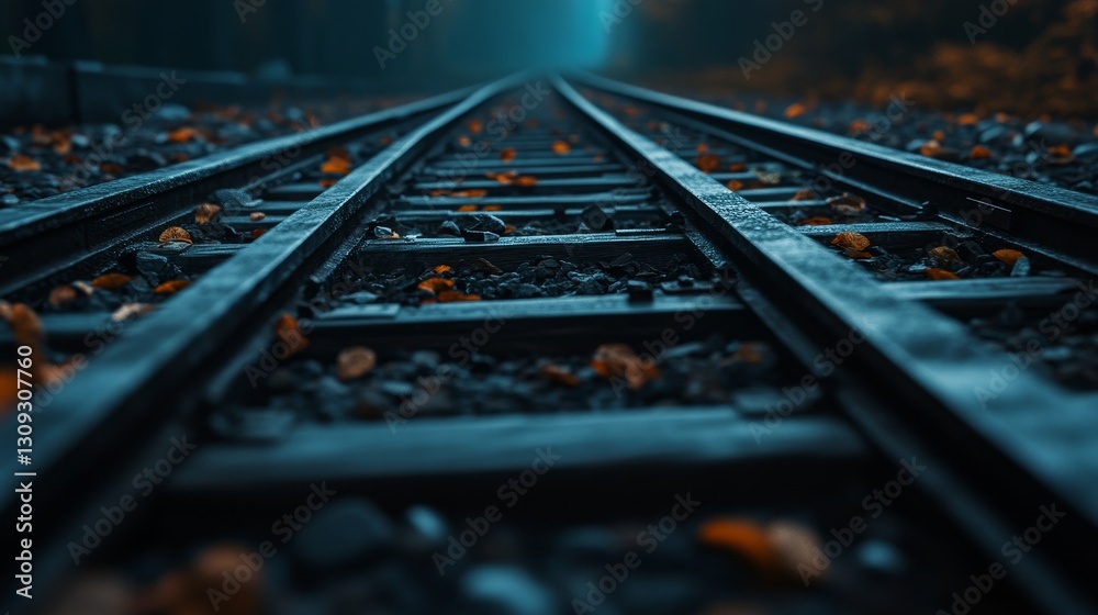 Tranquil railway tracks lined with autumn leaves, fading light in a serene forest setting Tranquil railway tracks lined with autumn leaves, fading light in a serene forest setting