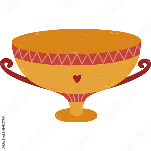 Lovely cartoon antique Greek bowl with Hellenic ornament and heart. Hand drawn classical ceramic deep wide vase with handles, vessel, jar. Trendy clipart of classical ancient pottery of Greece, Roma.