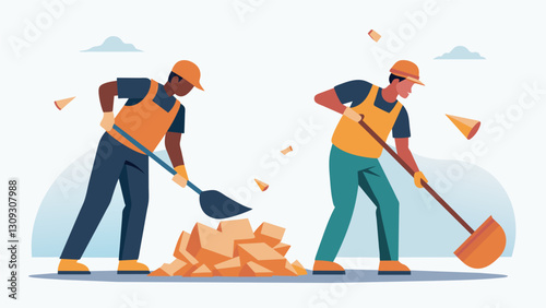 Two workers use heavyduty brooms and dustpans to sweep up small pieces of rubble and discarded materials.. Vector illustration