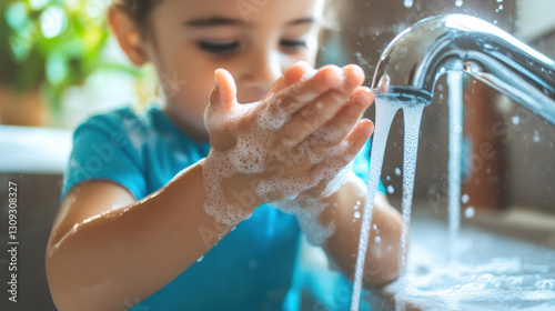 child in blue shirt is washing hands with soap under running water to remove germs and viruses, promoting hygiene and cleanliness