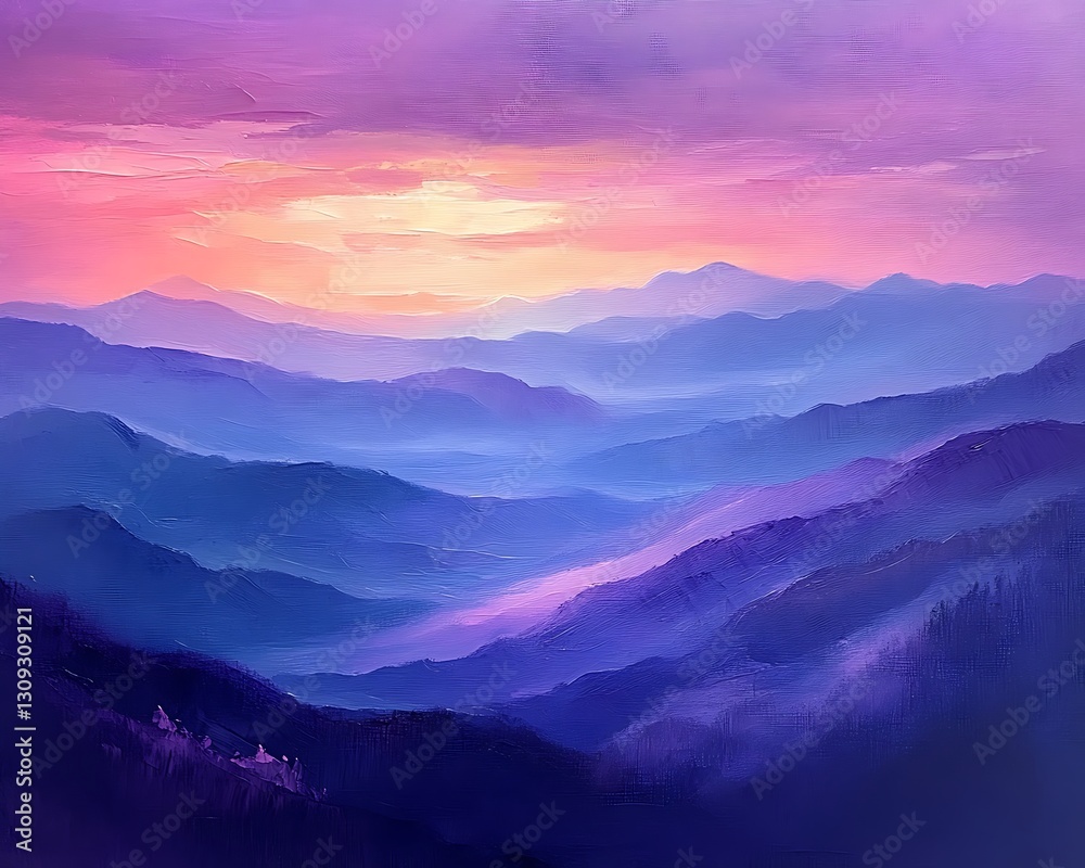 Vibrant sunset over layered purple mountains. Vibrant sunset over layered purple mountains.