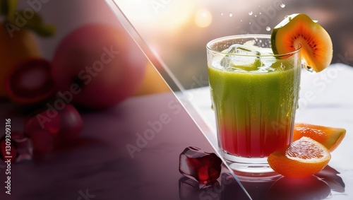 healthy juice background with fruits, health advertising, healthy juice