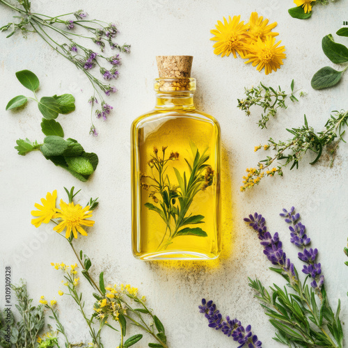 glass flask filled with golden botanical extract is surrounded by vibrant flowers and herbs, creating natural and organic aesthetic