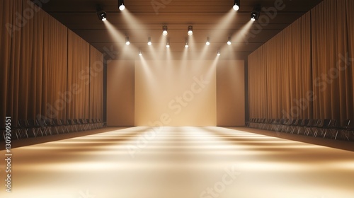Empty fashion show runway with a minimalist beige backdrop and bright lights illuminating the space, awaiting the arrival of models and designers