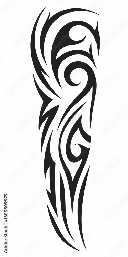 Obraz premium Intricate Tribal Tattoo Design with Flowing Swirls and Sharp Edges in Black Ink Style.