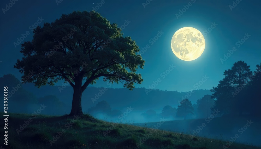 Forest bathed in the gentle beam of moonlight, full moon, tree Forest bathed in the gentle beam of moonlight, full moon, tree