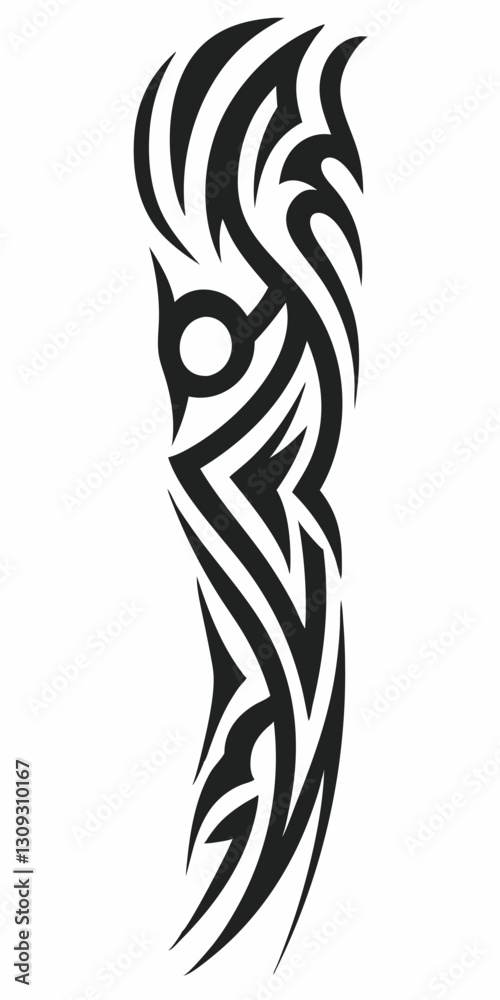 Obraz premium Intricate Tribal Tattoo Design with Flowing Swirls and Sharp Edges in Black Ink Style.