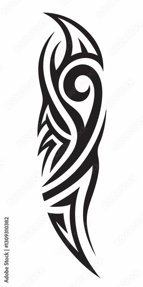 Fototapeta premium Intricate Tribal Tattoo Design with Flowing Swirls and Sharp Edges in Black Ink Style.