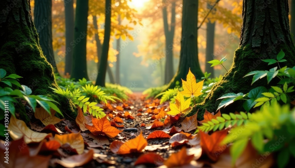 Fototapeta premium Forest floor carpeted with fallen autumn leaves and ferns, fall, autumn leaves, rustic