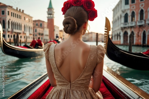 Gondola ride through the picturesque canals of Venice at sunset featuring a woman in a sparkling dress adorned with roses