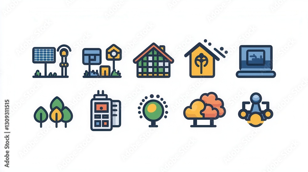 Obraz premium Comprehensive collection of outline icons representing various renewable energy sources and sustainable technology solutions including solar panels wind turbines smart homes