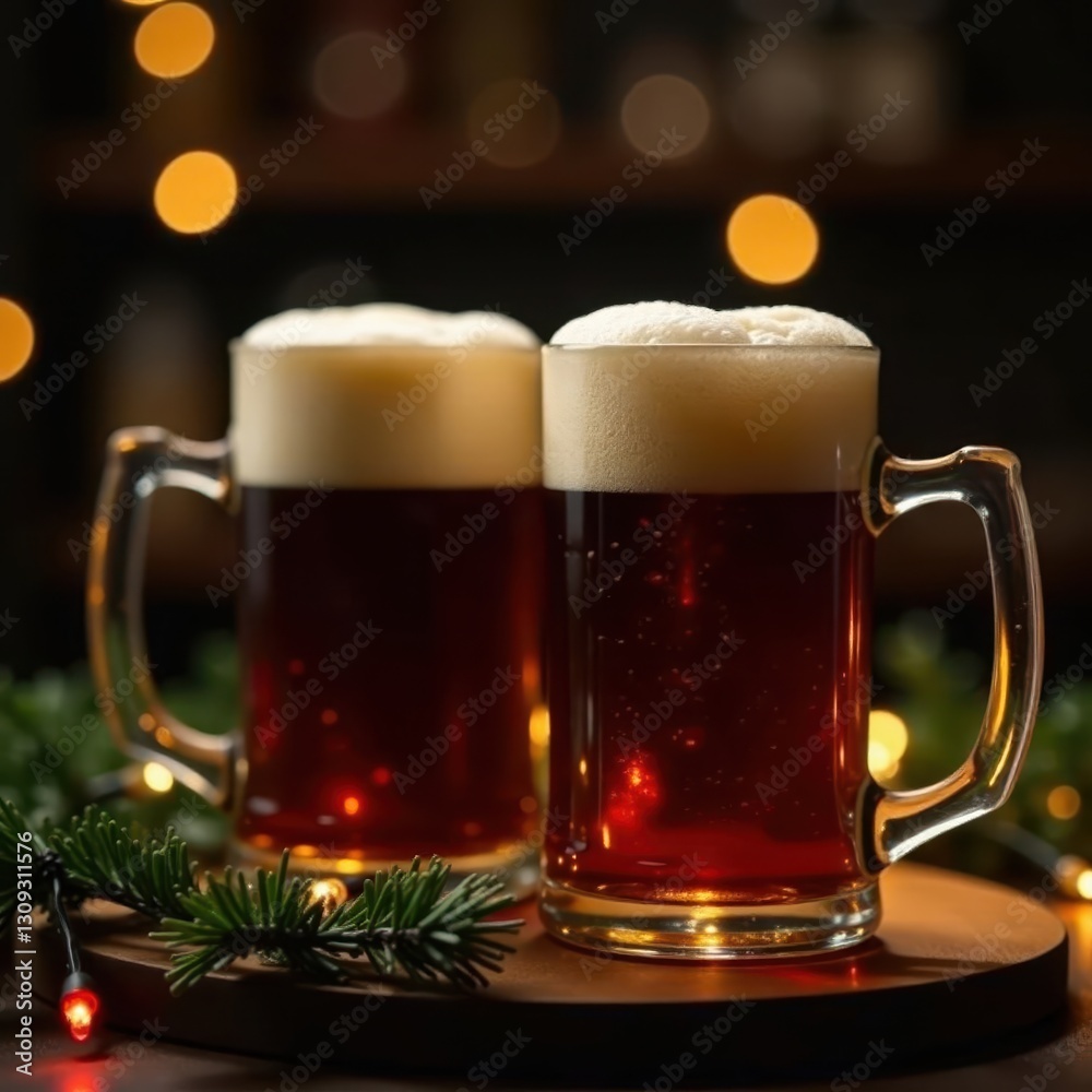 Rich dark beer flows into mugs, twinkling lights & garland around, dark beer, yuletide Rich dark beer flows into mugs, twinkling lights & garland around, dark beer, yuletide