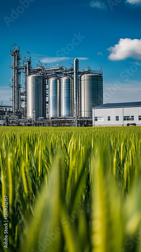 A photograph of an industrial plant with silver tanks surrounded by green fields
