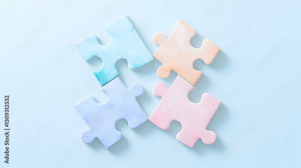 Four Pastel Color Puzzle Pieces Arranged on Light Blue Background Four Pastel Color Puzzle Pieces Arranged on Light Blue Background