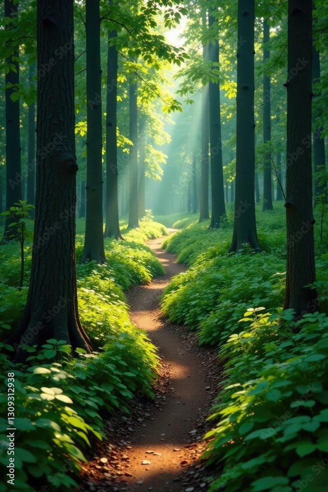 Obraz premium Forest trail winding through dense vegetation, tree trunks, woodland, forest trail