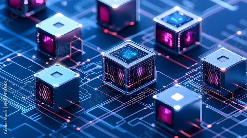 Wallpaper Mural Blue Digital Cubes Arranged on Complex Circuit Board Illustrating Modern Technology Torontodigital.ca