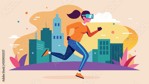 The VR headset creates a fully immersive experience making the runner feel as though they are truly running through a vibrant metropolis rather than. Vector illustration