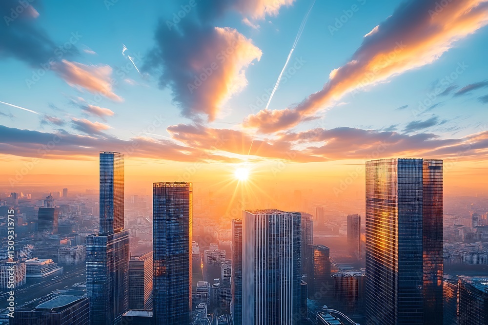 Fototapeta premium Stunning sunset over cityscape with skyscrapers.