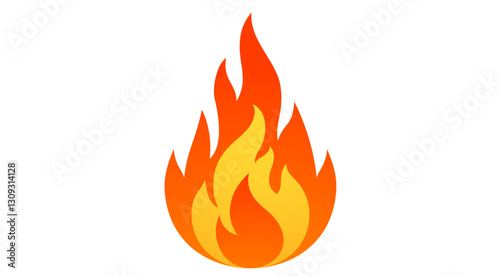 Fire, flame, bonfire. Flame fire icon, abstract style on white background. Flat burn fire symbol, bonfire sign, flame campfire emoji. Camping fireball minimal graphic style. Vector Illustration