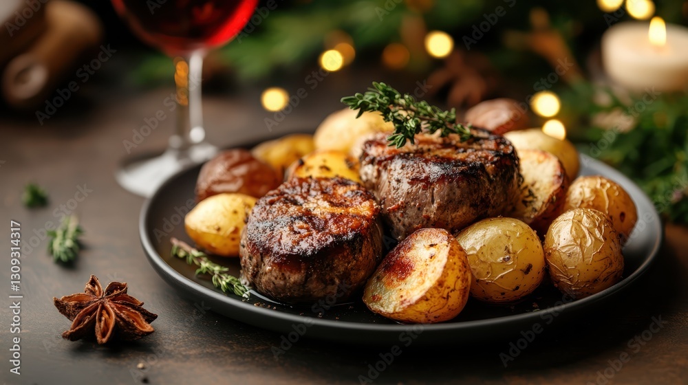 A visually appealing dish featuring perfectly grilled steak medallions served alongside golden roasted potatoes, garnished with fresh thyme, perfect for festive dining. A visually appealing dish featuring perfectly grilled steak medallions served alongside golden roasted potatoes, garnished with fresh thyme, perfect for festive dining.