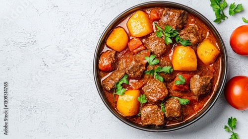 Savory Beef Stew with Potatoes and Vegetables Served in Bowl on Light Gray Background