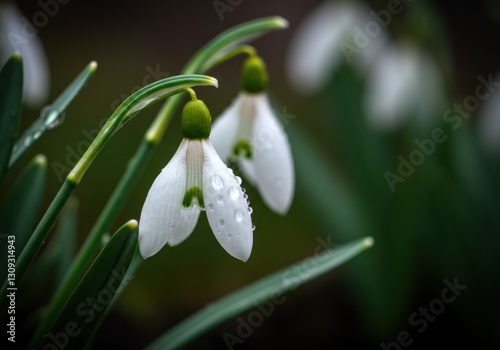 Delicate snowdrop flowers with droplets glistening on their petals