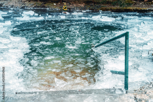 Beautiful frozen natural pool, winter hardening. photo