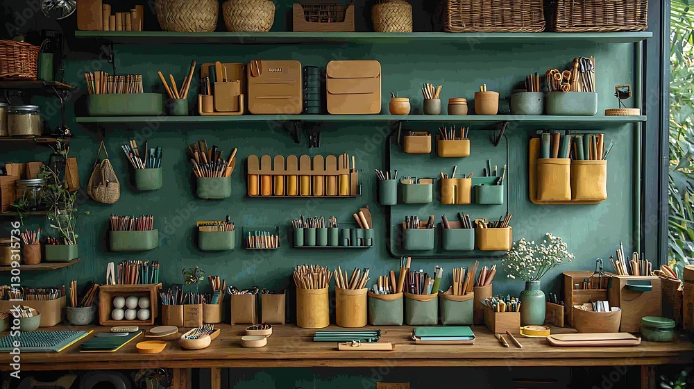 Obraz premium Organized Craft Room with Green and Mustard Yellow Storage Art Supplies and Pencils