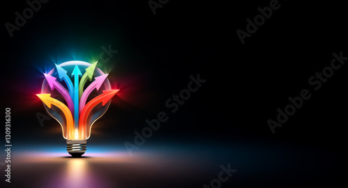 A glowing lightbulb emits vibrant arrows pointing upwards, symbolizing bright ideas and creative solutions emerging from a central point against a dark background.