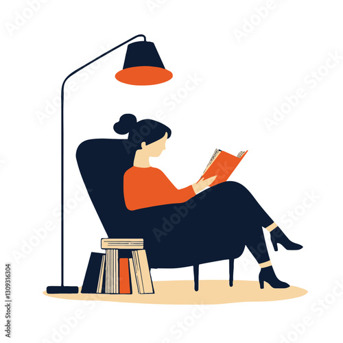Woman reading in an armchair under a floor lamp 