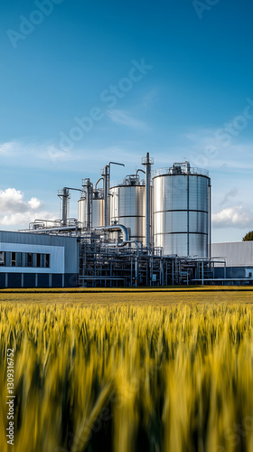 A photograph of an industrial plant with silver tanks surrounded by green fields
