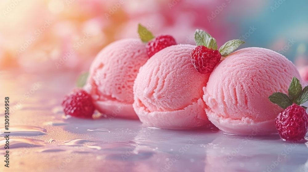 Refreshing pink ice cream scoops with mint and berries on a smooth surface. Generative AI Refreshing pink ice cream scoops with mint and berries on a smooth surface. Generative AI