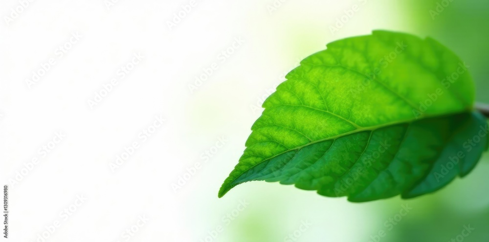 Fototapeta premium Green leaf isolated on white background with soft focus, closeup, foliage