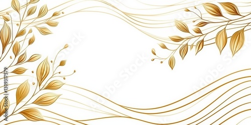 Elegant Golden Lines with Leaf Accents on White Background for Minimalist Design and Art Applications, A golden line waves Japanese