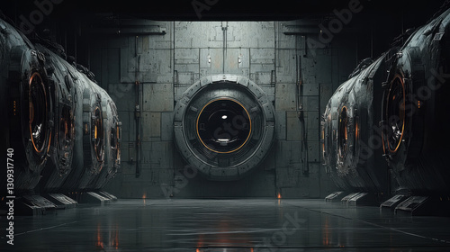 Obraz na płótnie Futuristic space station interior with large circular door and metallic walls in a sci-fi setting with advanced technology w salonie