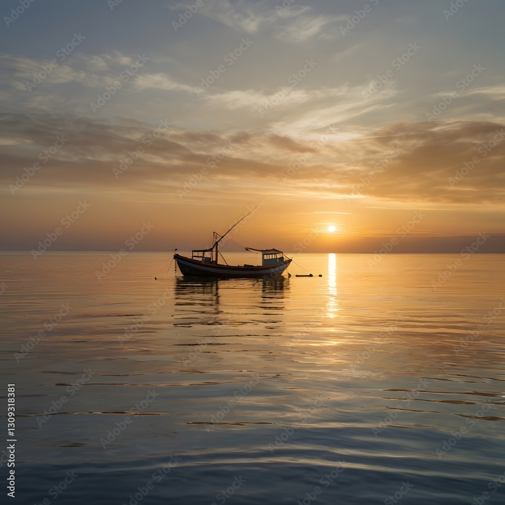 A Traditional Fishing Boat Floating on a Tranquil Ocean at Sunset (AI-Generated)