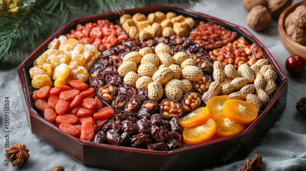 Assorted Dried And Candied Fruits Nuts In A Dark Brown Tray Assorted Dried And Candied Fruits Nuts In A Dark Brown Tray