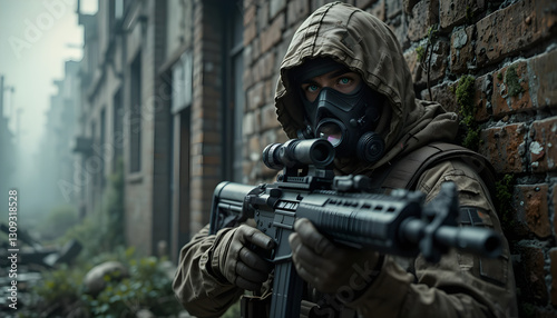 Silent Sentinel: A soldier, armed with a rifle and gas mask, stands watch in a post-apocalyptic cityscape, hinting at danger, survival, and the aftermath of conflict.