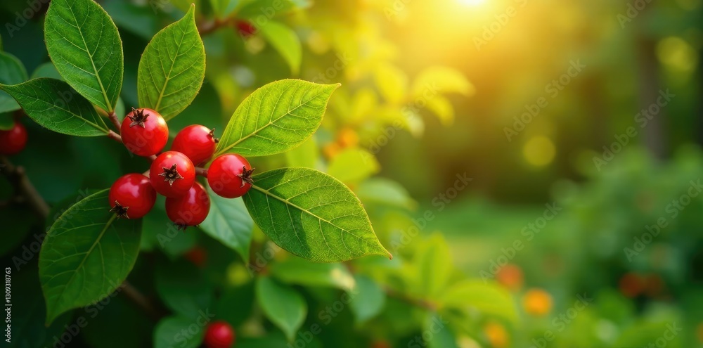 Green shrub with bright red rowan berries and sunshine, foliage, berries, garden Green shrub with bright red rowan berries and sunshine, foliage, berries, garden
