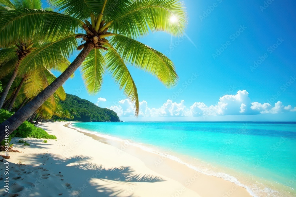 Sun-kissed beach, turquoise water, leaning palm trees, relaxing, idyllic Sun-kissed beach, turquoise water, leaning palm trees, relaxing, idyllic